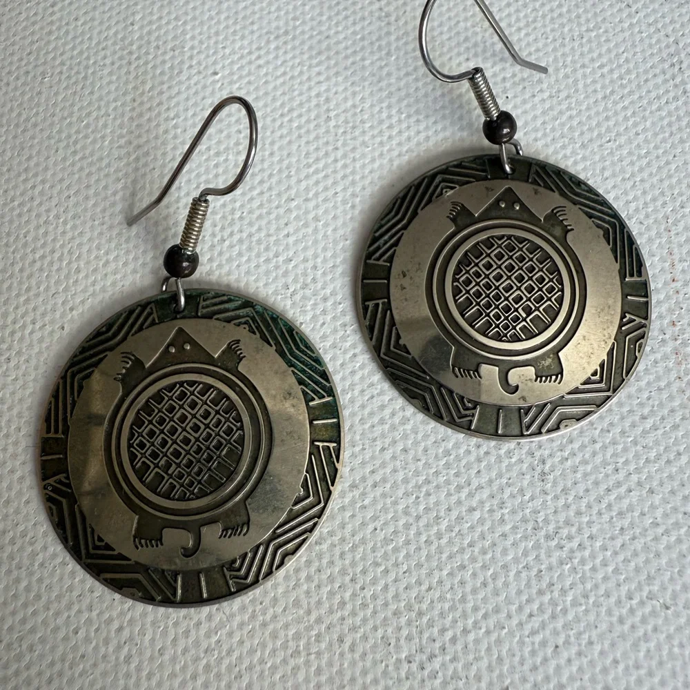 Circular Silver Tone Dangle Earrings with Turtle Etched Design - Picture 7 of 7